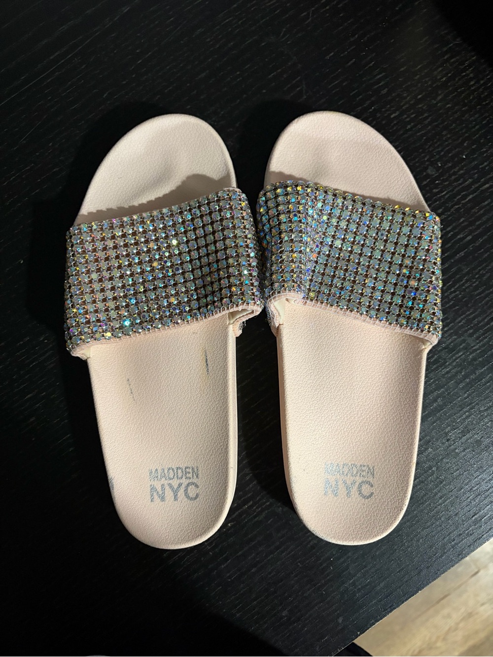 Steve Madden Blush Slide Sandals with Iridescent Crystal Straps
